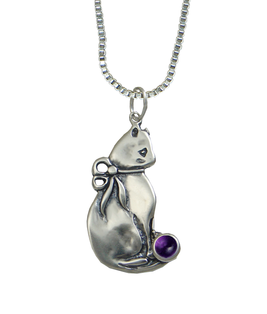 Sterling Silver Bowed Kitty Pendant With Amethyst